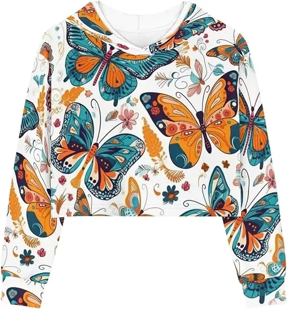 Sweat-shirt à capuche court décontracté pour femmes Sweat-shirt à manches longues Workout Drawstring Pullover Hoodie Butterfly Custom Design Clothing Wholesale