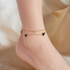 Double Layer Black White Enamel Heart Anklet Gold Plated <b>Titanium</b> Steel Dainty Charm Ankle <b>Chain</b> Women Beach Fashion Anklets - Product Image 1