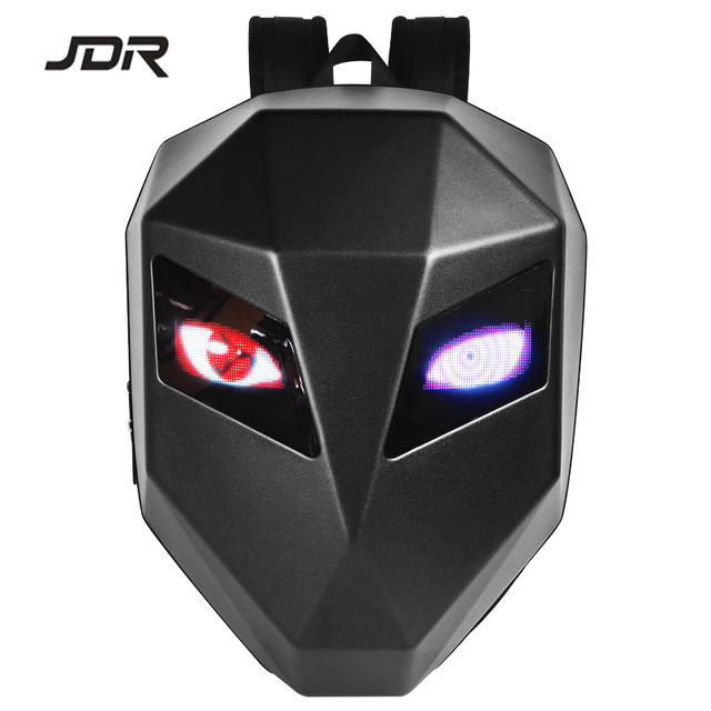 JDR LED Backpack Waterproof Hard Shell DIY Cool Mask Eyes Motorcycle Riding Knight Black Led Screen Display Backpack for Man Boy