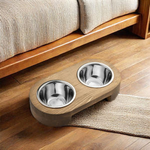 Stand ile Pet yemek kasesi, yavru köpek besleme kaymaz ahşap köpekler kediler için 2 paslanmaz çelik ve su Set çam ahşap tutucu - Product Image 5