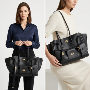 Sac fourre-tout en cuir véritable noir, grande capacité, avec poignée supérieure, sac à bandoulière, fermeture métallique, résistant à l'eau, minimaliste, pour usage quotidien - Product Image 5