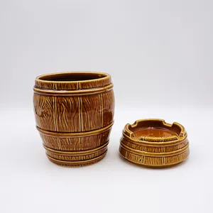 New Originality Design Dual Purpose Ash Trays OEM Custom Wine Barrel Shape Ceramic Mug With Lid Brown Cigar Ashtray