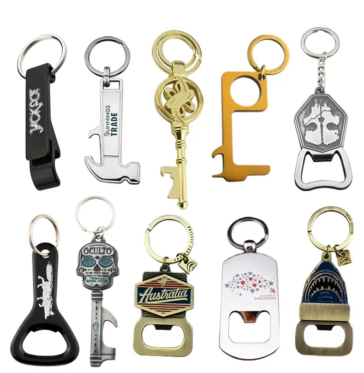 공장 제조업체 사용자 정의 로고 프로모션 금속 키 체인 디자인 열쇠 고리가있는 형식 모양의 병따개 키 체인