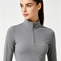 Haut de sport gris pour femme, col montant zippé, respirant, anti-humidité, avec empiècements en mesh, manches longues, pour l'équitation et l'entraînement