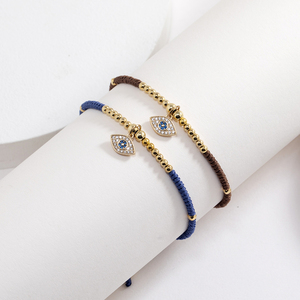 Nouvel Arrivage Bracelet Ajustable pour Homme, Fait Main en Corde Cirée avec Pendentif Œil Bleu et Breloque Œil Turc en Cuivre Plaqué Or 18K, Cadeau - Product Image 2