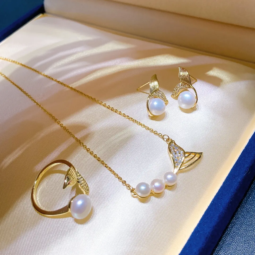 Conjunto de collar y pendientes de plata de ley 925 personalizados para mujer, joyería de boda con perlas de sirena a la moda