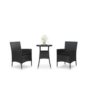 Ensemble bistrot de jardin en polyrotin noir avec coussins, mobilier d'extérieur pour 2 personnes, design moderne - Product Image 1