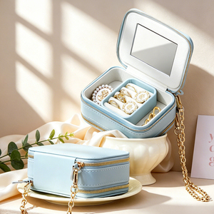JINSKY Light <b>Blue</b> Rectangle Leather Jewelry <b>Box</b> with Zipper Closure for Jewellery <b>Storage</b> - Product Image 3