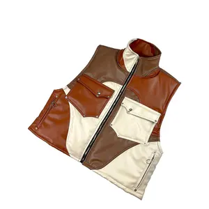 Wholesale Patchwork Pu Men's Vest Custom Design Contrasting Color Leather Motor Windproof Waistcoats