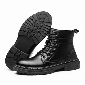 Atacado botas de trabalho de alta corte preto-Botas de neve pretas masculinas, sapatos de trabalho de corte alto com cadarço, militar, botas martin para homens