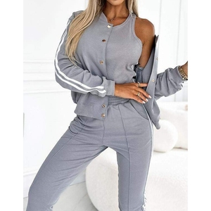 Nuovo Completo Slim da <span class=keywords><strong>Donna</strong></span> con Colletto alla Coreana, Pantaloni e Top a Righe con Contrasto di Colore, Set di <span class=keywords><strong>3</strong></span> Pezzi alla Moda - Product Image 5