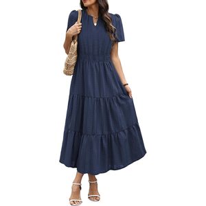 Abito Midi Casual da Donna a Maniche Corte con Scollo a V, Vita Elastica, Balze a Trapezio, Vestito da Vacanza con Tasche in Tessuto Traspirante S - Product Image 2