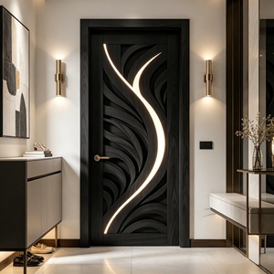 High-End Walnut <b>Veneer</b> Entry Door with Unique LED Light Strip & Geometric Carving - Product Image 3