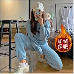 Women's Fleece Lined Tracksuit Set Sky Blue Loose Fit Casual Two Piece Autumn Winter Korean Style Sweatshirt Outfit - Product Image 3