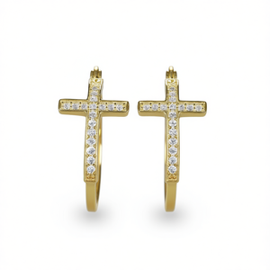Pendientes de Aro Cruzados E4230, Chapados en Oro, con Cristales Redondos en Canal, Joyería Religiosa Unisex de Moda - Product Image 1