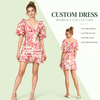 Robe Courte Décontractée Femme Personnalisée à Manches Volants et Col en V, Imprimé Floral Vintage, à Volants Superposés, Vente en Gros Direct Usine avec Faible MOQ