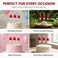 Adorables bougies d'anniversaire en forme de champignon, décorations rouges et blanches à pois pour la table de desserts de la fête de naissance
