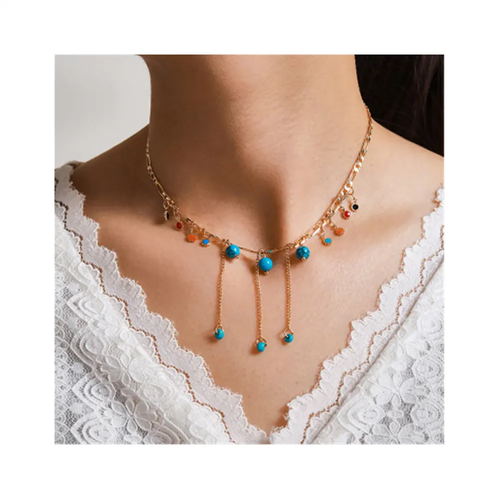 Bohemian style new tassel necklace ethnic style colored beads turquoise pendant alloy necklace