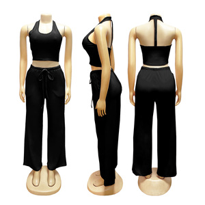 TW839 2026 Nuevo Conjunto de Dos Piezas de Verano para <span class=keywords><strong>Mujer</strong></span>, Top Halter Sexy y Pantalones Anchos de Cintura Alta con Bolsillos, Talla Grande 2XL - Product Image 6