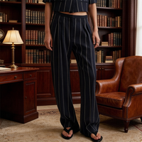 Pantalon de Costume Formel Élégant et Décontracté pour Femme, Coupe Droite Large, en Lin Rayé, Style Classique Vintage, Personnalisable OEM
