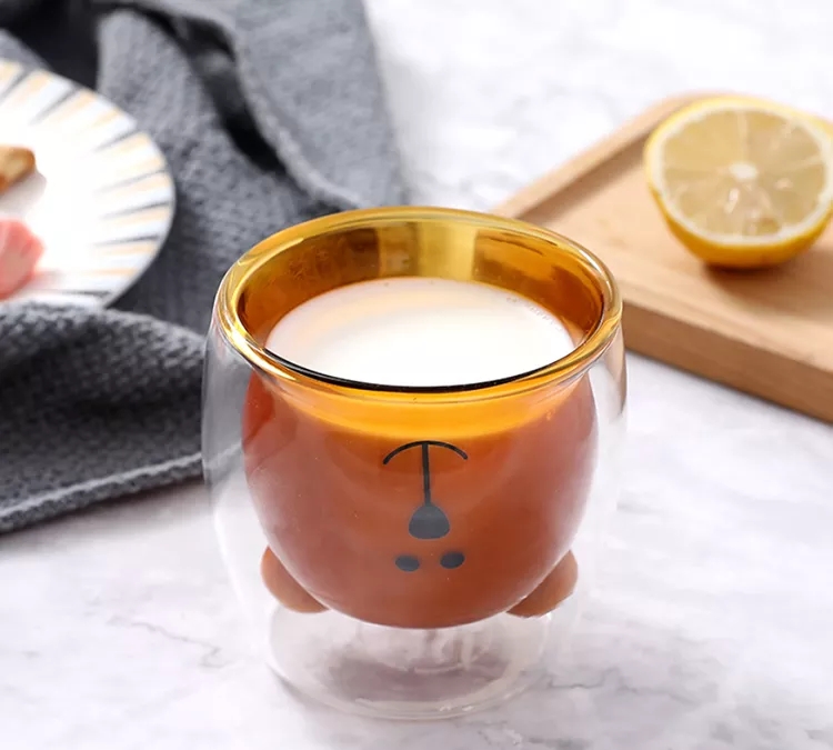 Wholesale 250ml Borosilicate Double Wall Glass Coffee Cup mug In Different Colors Bear Shaped Mug For Drink