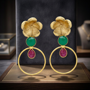 Matte Gold Flower Stud Drop <b>Earrings</b> Dual Gemstone Open Circle Hoop Aquamarine Gold Plated Ethnic Engagement Dangle <b>Earrings</b> - Product Image 3