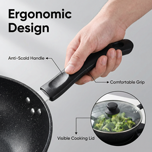 Directo de fábrica, Caldero de cocina negro de 32cm, utensilios de cocina antiadherentes, <span class=keywords><strong>Wok</strong></span> de hierro fundido con mango de madera - Product Image 2