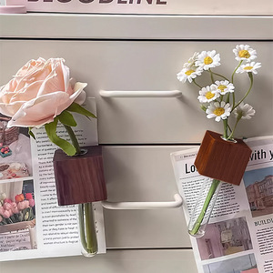 Solid Wood Magnetic <b>Flower</b> Vase With Test Tube Mini Refrigerator Decorative Ornament Rectangle Shape Removable - Product Image 5