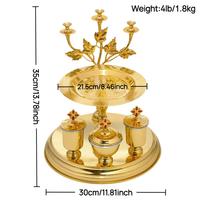 Set Altar Ortodoks Emas Perak HT, Tempat Relikui Dua Lapis dengan Candelabra 5 Lampu & 3 Wadah Permata Merah, untuk Ritual Gereja