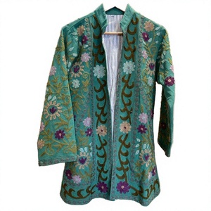Veste en laine/cachemire brodée de fleurs turquoise, manches longues, pour femme, printemps, respirante, tissée à la main, décorative - Product Image 3