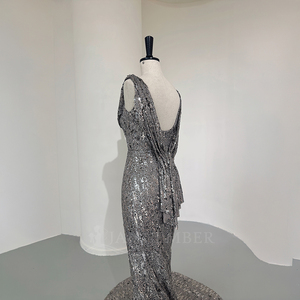 Robe de soirée sirène de luxe Nt122 à sequins, col drapé scintillant, avec traîne, pour bal de promo, fête, mariage Jancember - Product Image 3