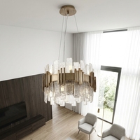 Luminaire Jingshi à anneau lumineux doré avec tubes en verre, panneaux texturés densément disposés en cercle, éclairage d'ambiance chaleureux pour la maison