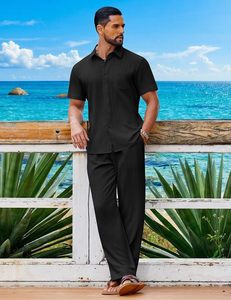 Conjuntos de 2 Piezas Casuales <span class=keywords><strong>y</strong></span> Transpirables para Hombre, Verano, Sólidos, 100% Fibra de Bambú, <span class=keywords><strong>Camisa</strong></span> de Manga Corta con Botones, Pantalones Holgados, Conjuntos para Vacaciones en la Playa - Product Image 4