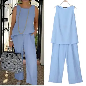 Cotton Linen Summer Two Piece Set Plus Size S-5XL Sleeveless Top & Wide Leg Pants Sets Women Casual Linen Suits