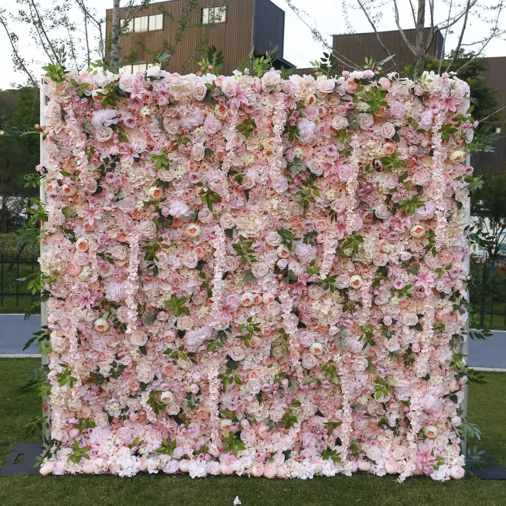 Oem 8 * 8ft Tissu Arrière 3D 5D Roll Up Fleur Mur Toile de fond Mariage Rose Tissu artificiel Floral Panneau mural événement Fleur blanche Mur