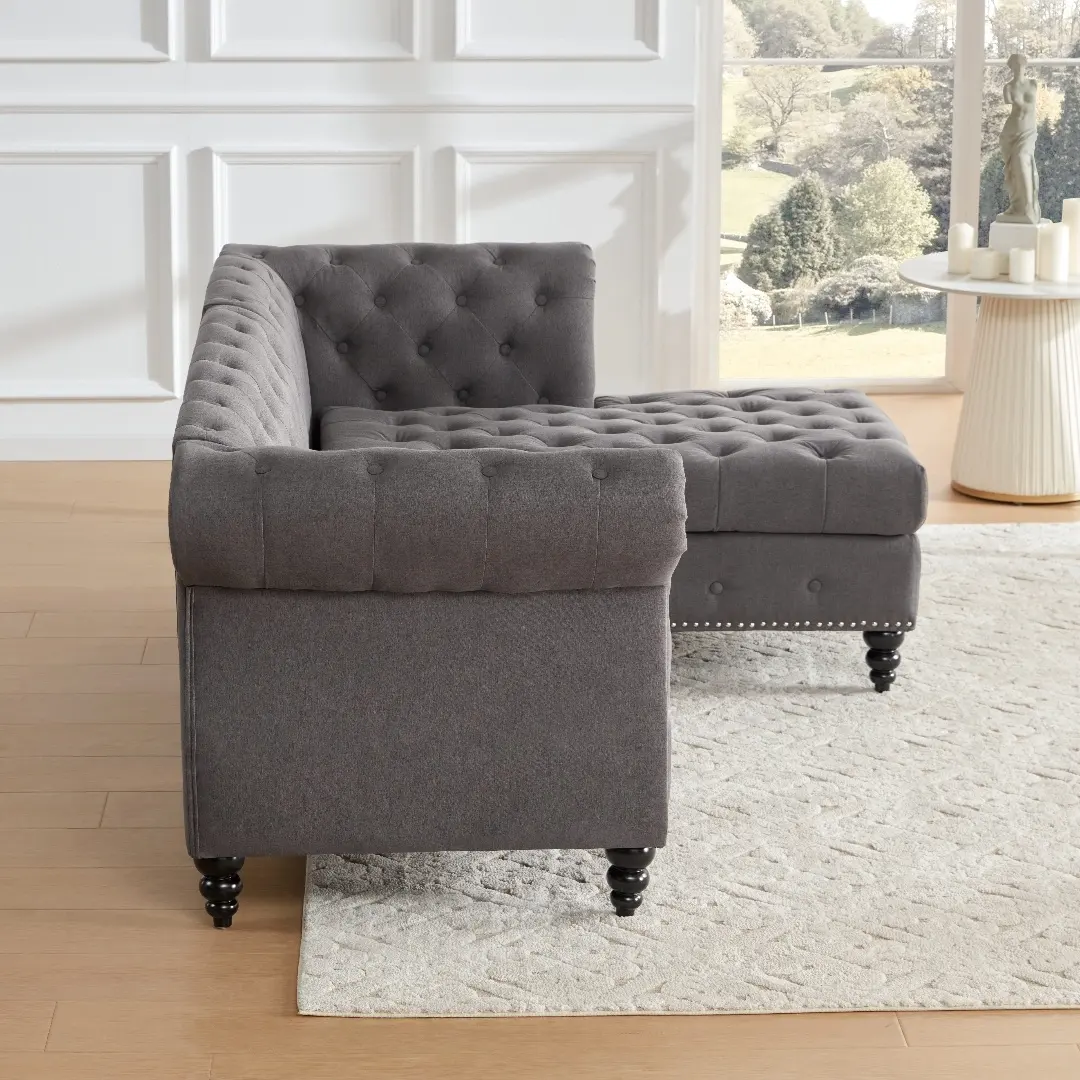 Chesterfield Sofa giường với cánh tay cuộn L hình 3 chỗ ngồi bọc ghế với otoman băng ghế dự bị Linen sofa Chaise cho phòng ngủ