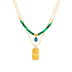 Simple Stylish Luxurious Punk Women's Necklace Double-layered Design <strong>Emerald</strong> Green <strong>Beads</strong> Heart-shaped Pendant Stainless Steel - Product Image 1