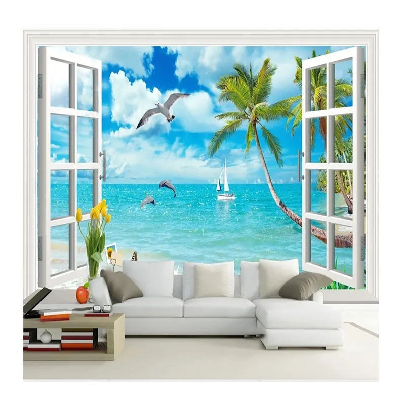 KOMNNI Mural personalizado ventana con cocoteros vista al mar papel tapiz de fondo para dormitorio murales de pared de salón decoración del hogar