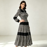 Robe midi pour femme à imprimé léopard, col rond, manches longues bouffantes, patchwork noir, taille en dentelle, ourlet étagé, décontractée, printemps automne
