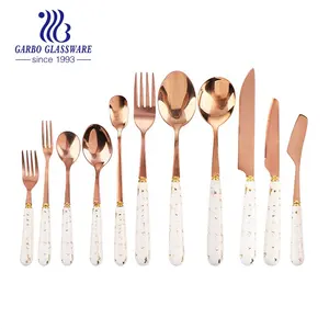 Stainless steel spoon fork knife flatware set dishwasher safe PVD color gold rose pink black cutlery set with real marble handle