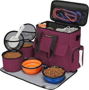 2 bols pour chien, sac de rangement multi-poches pour accessoires pour chien, essentiels pour les voyages en voiture avec chien, sac à dos de voyage pour animaux de compagnie pour le camping en week-end - Product Image 1