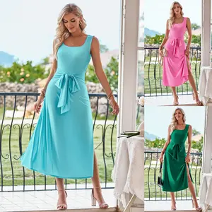 2024 Offre Spéciale logo vêtements pour femmes est conçu mode solide arc robes de soleil découpé taille haute fendu longue robe