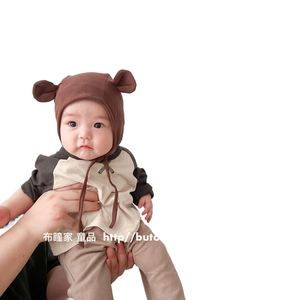 Bonnet <span class=keywords><strong>bébé</strong></span> unisexe couleur crème avec oreilles d'ours mignonnes, protection auditive, bonnet à nouer, uni teint - Product Image 3