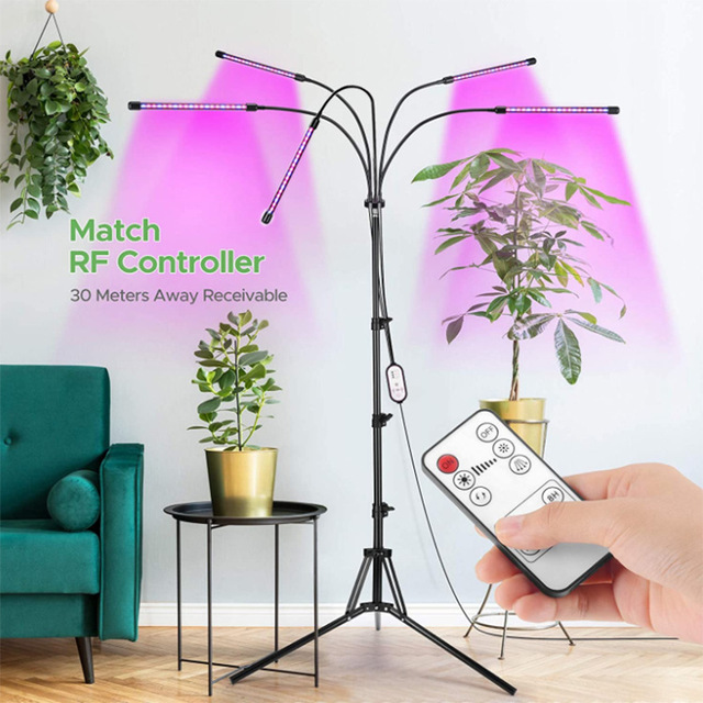 4 Head Grow Light Full Spectrum for Indoor Plants with Tripod Stand Dual Controller 3/6/12H Timer Adjustable Floor Lamp