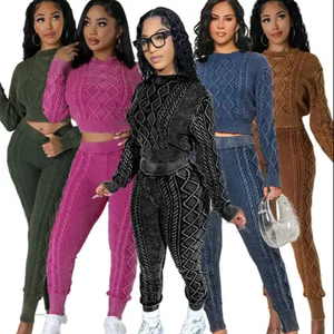 Di alta qualità <span class=keywords><strong>donna</strong></span> vecchio stile lavato maglia maglia a manica lunga 2 Set Vintage Crop Top due pezzi <span class=keywords><strong>tuta</strong></span> - Product Image 1