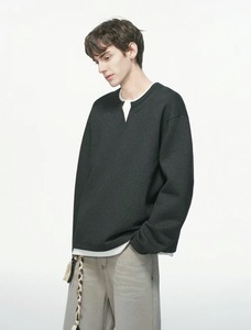 Sweat-shirt à col en <span class=keywords><strong>V</strong></span> deux pièces pour homme - Style coréen, coupe ample, décontracté, effet superposé - Product Image 2