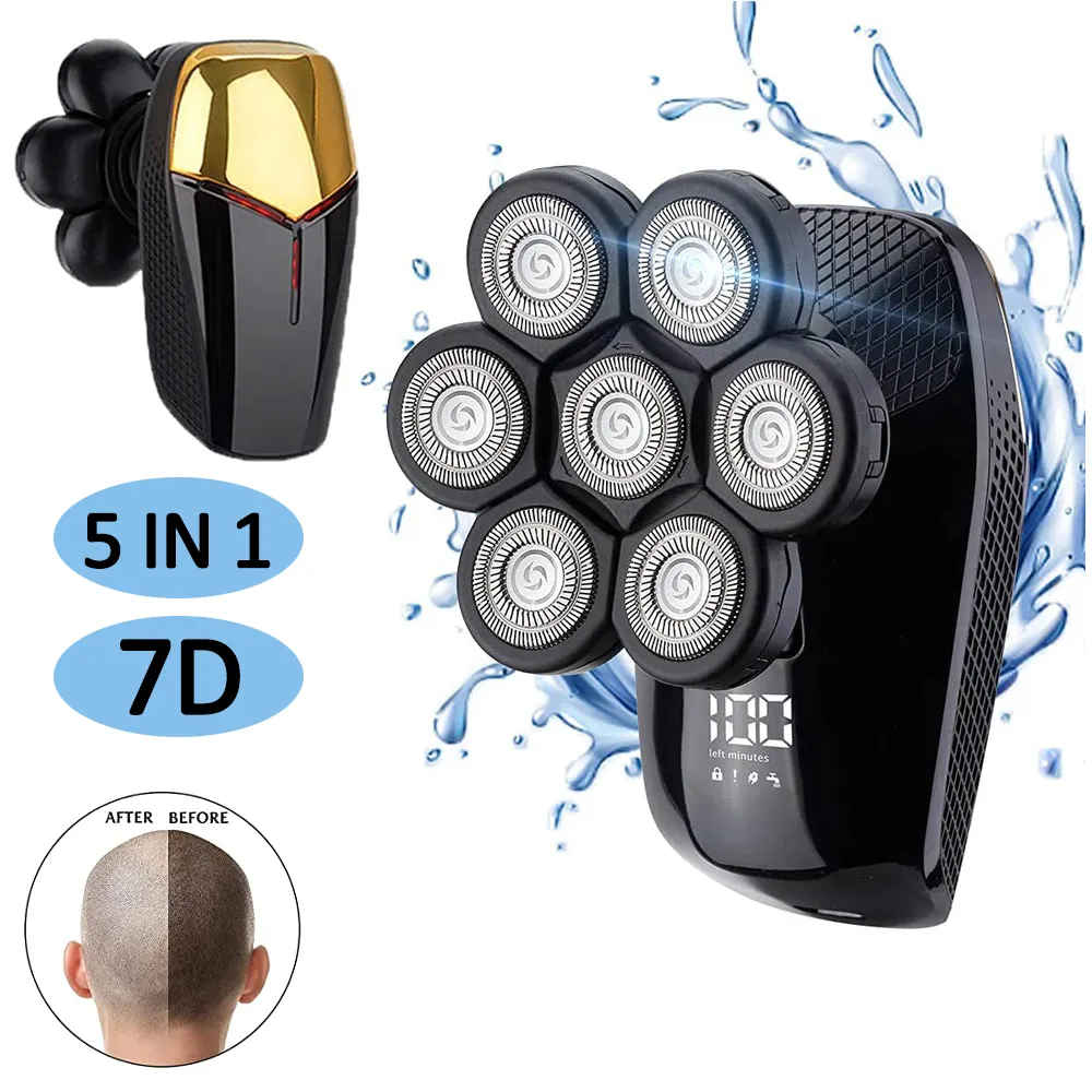 Máquina de afeitar eléctrica para hombres, afeitadora de cabeza, recargable, impermeable, rotativa, 5 en 1, 7D, para Barba y nariz