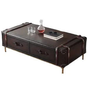 מודרני יוקרה עור קפה שולחן מתכת פליז רגלי פלדה סלון מרכז שולחן עם אחסון מגירות אירופאי בית ריהוט