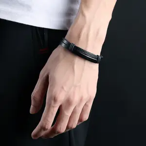 嘻哈时尚饰品魅力手链手镯男士礼品PU皮革双层饰品手链Pulsera para hombres