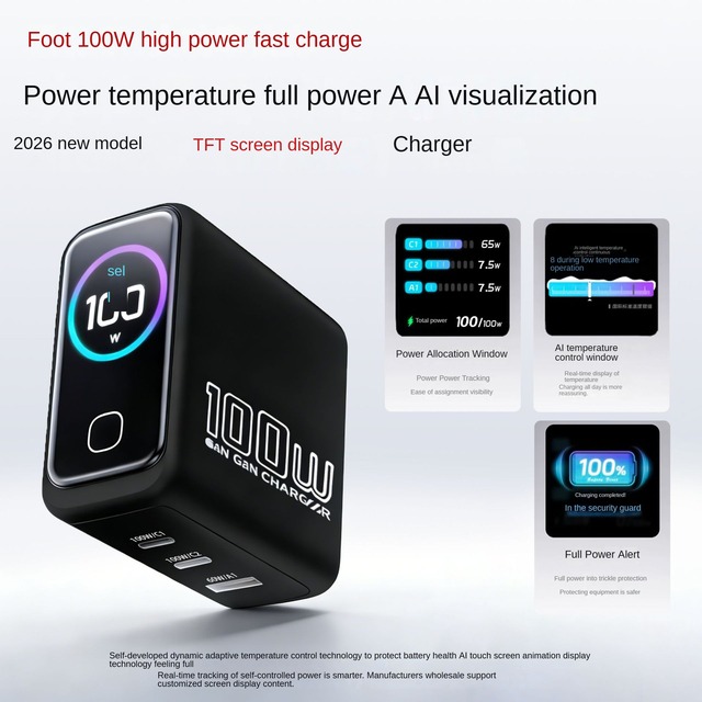 100W GaN USB-C Charger Digital Display 3-Port PD 3.0 Fast Charging Block Fireproof OTP Protection for 15 MacBook Laptop